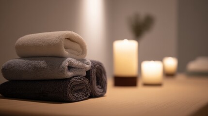 Poster - Cozy spa setting with neatly folded towels candles and calming ambient lighting