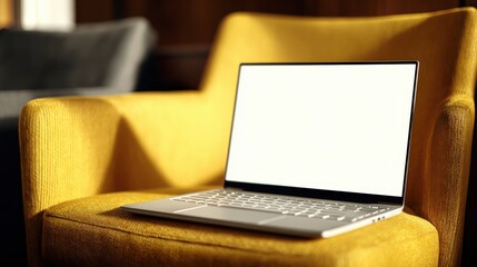 Aufkleber - Modern silver laptop computer with blank screen on cozy yellow armchair in home office
