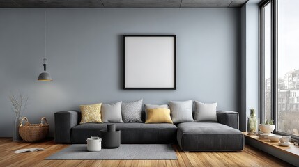 Poster - Modern minimalist living room with large window, cozy sofa and contemporary decor