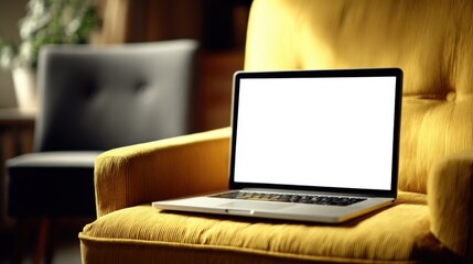Poster - Modern laptop on yellow sofa in cozy living room with blurred background and warm lighting