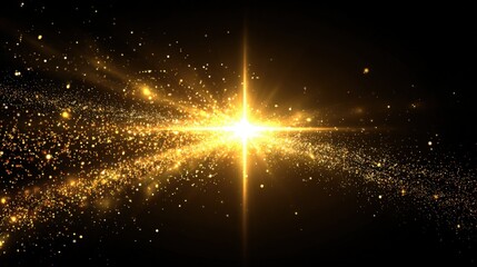 Poster - Bright golden explosion of sparkling particles and radiant light in space scene
