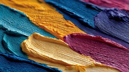 Aufkleber - Close-up of colorful acrylic paint smears in vibrant yellow blue purple and teal shades on textured s