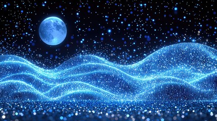 Poster - Illuminating waves of light under a full moon digital art nighttime abstract cosmic atmosphere
