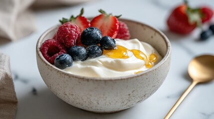 Poster - Delicious Bowl of Fresh Mixed Berries with Yogurt and Honey on a White Table