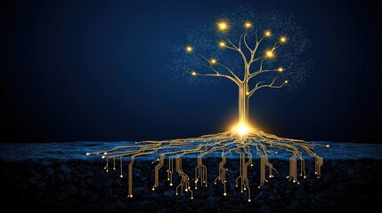 Poster - Illuminated tree of knowledge digital landscape concept art technology nighttime abstract beauty
