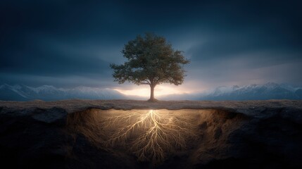 Poster - Magnificent solitary tree standing tall on a hill under dramatic stormy sky with illuminated roots