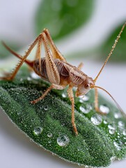 Poster - Close-up of a tiny grasshopper resting on a dew-covered green leaf with detailed texture