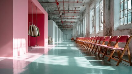 Poster - A spacious, modern minimalist hallway features pink and muted tones with natural light flooding through large windows, creating a serene atmosphere for stylish displays.