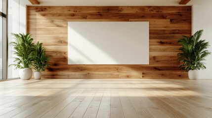 Poster - A bright space featuring a wooden wall design, a large blank canvas waiting for art, and lush green plants in stylish pots, creating a serene atmosphere for creativity.