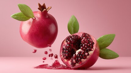 Poster - Vibrant Pomegranate Fruit Whole and Split with Green Leaves on Light Pink Background