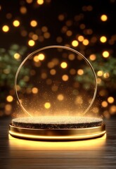 Poster - Elegant glowing transparent sphere on illuminated golden platform with festive bokeh background
