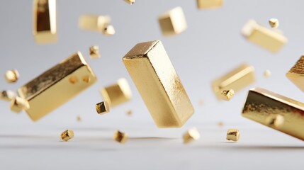 Poster - Shimme gold bars falling and floating in midair with bright highlights