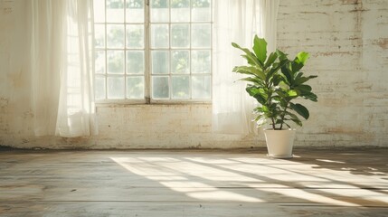 Poster - A lush indoor plant stands elegantly by a bright window, bathed in natural light, creating a refreshing and inviting ambiance in a serene and minimalistic interior space.