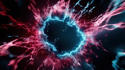 Poster - An artistic representation of an explosion featuring dynamic red and blue colors swirling and splashing around a central void, evoking emotions of chaos and energy.