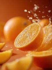 Poster - Fresh halved citrus fruit splash with water droplets and vibrant orange background