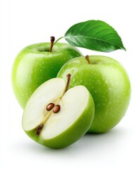 Poster - Fresh green s with leaf stem and sliced portion showing seeds on white background