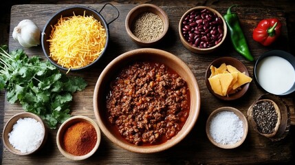 Poster - Assorted Mexican ingredients including ground beef spices cheese beans peppers and herbs on wooden surface