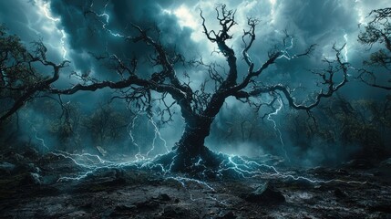 Poster - Lightning strikes twisted tree dark forest fantasy landscape stormy atmosphere dramatic viewpoint
