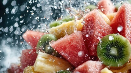 Poster - A dynamic splash of fresh fruits, including watermelon, kiwi, and pineapple, creates an energetic and refreshing scene, enticing viewers with its vibrant colors and textures.