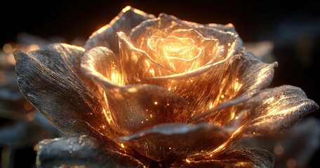 Poster - Beautiful close-up of a sparkling glowing gold rose flower with detailed petals
