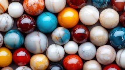 Poster - A stunning close-up of a variety of smooth, colorful marbles, showcasing their unique patterns and hues, representing playfulness and nostalgia wrapped in artistic appeal.