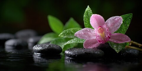 Poster - Close-up of pink flower with green leaves resting on black stones and water droplets