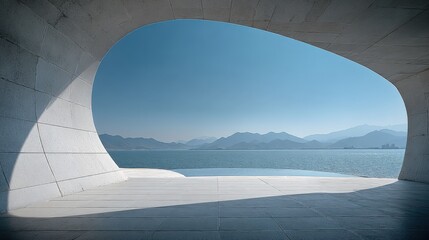 Poster - Modern architectural structure with large open window overlooking scenic mountain landscape