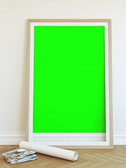 Poster - Large bright green rectangular chalkboard with white frame leaning against wall in room