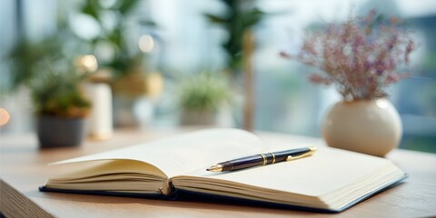 Poster - Open notebook with blank pages, fountain pen, and plants in bright modern office