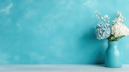 Poster - A delicate arrangement of hydrangeas in a stylish turquoise vase, set against a soft blue wall, enhancing feelings of freshness, tranquility, and refined beauty.