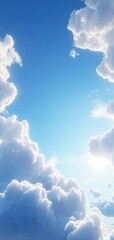 Poster - Bright blue sky with fluffy white clouds and sun rays shining through on a clear day