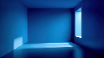 Poster - Minimalist Blue Interior Room with Bright Window and Soft Shadows