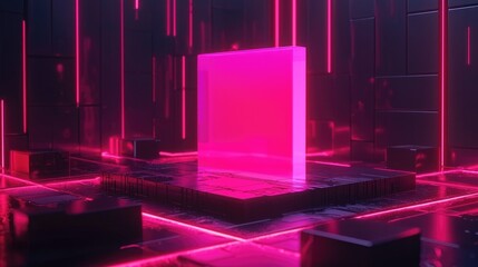 Poster - Illuminating digital cube display virtual studio 3d animation neon environment aesthetic perspective

