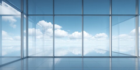 Poster - Modern glass office building interior with panoramic city view and bright natural daylight
