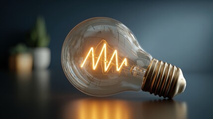 Poster - Illuminated light bulb with glowing filament lying on reflective surface in modern interior