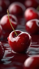 Poster - Close-up of fresh cherry with shiny surface and water reflections on dark background