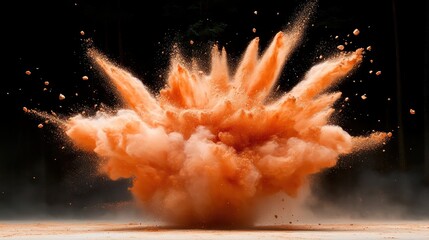 Poster - A dramatic explosion of orange powder creating a cloud-like burst against a dark backdrop, capturing a moment of chaos and energy, filled with excitement and raw power.
