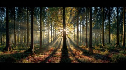 Aufkleber - Sunlight streaming through tall trees in a vibrant lush forest du sunrise