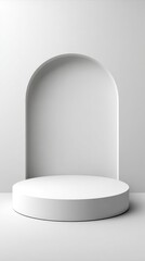 Poster - Minimalist Modern White Rounded Platform Display Pedestal Against Arched Recess Wall