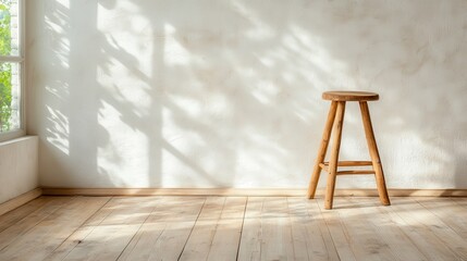 Poster - A beautifully lit minimalistic room with sunlight streaming in, featuring a simple wooden stool against a plain wall, creating an atmosphere of calmness and tranquility.