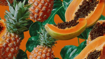Poster - Fresh ripe pines and papaya with green leaves on bright orange background