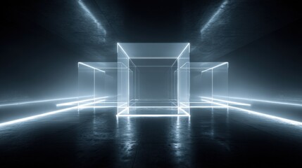 Poster - Futuristic glowing geometric cube structure with neon lines in dark tunnel