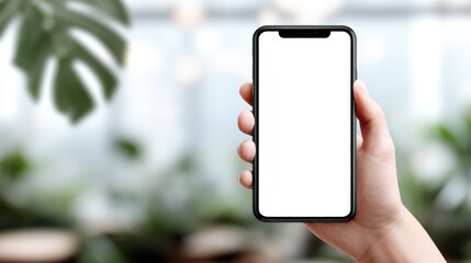 Poster - Modern hand holding smartphone with blank screen in bright minimalistic interior setting