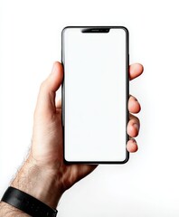 Poster - Modern smartphone held in hand with blank white screen displaying technology and communication