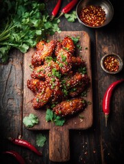 Poster - Crispy glazed chicken wings garnished with green onions on wooden serving board