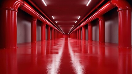 Poster - An industrial hallway painted in striking red tones with large pipes lining the walls, creating a bold and dynamic atmosphere that evokes feelings of energy and modern design.