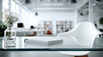 Aufkleber - Modern minimalist office desk with stack of papers and decorative vase in bright contemporary workspace