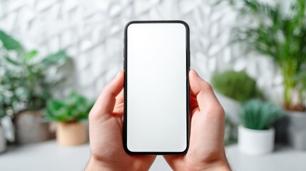 Poster - Person Holding Smartphone with White Screen in Bright Indoor Space with Green Plants