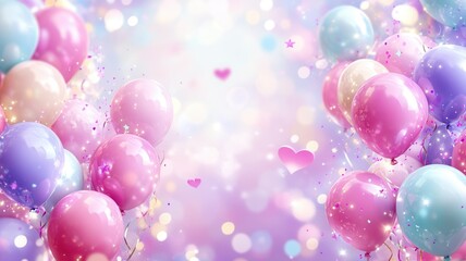 Poster - Pink, blue, and purple balloons float above a glittering surface, creating a festive birthday atmosphere