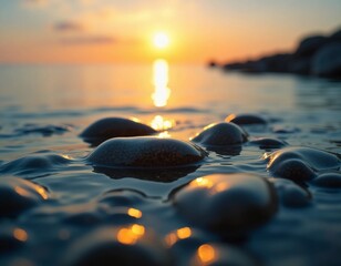 Poster - As the sun rises on the horizon, golden light dances upon gentle waves, illuminating smooth stones at the waters edge, creating a tranquil atmosphere Generative AI